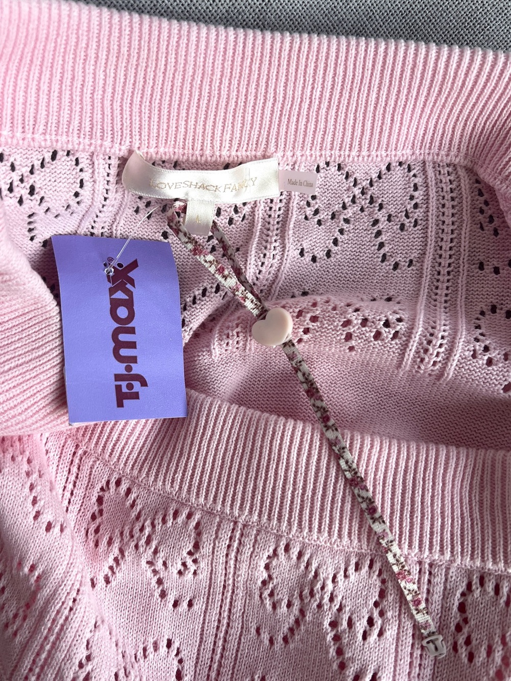 LoveShackFancy Ballerina Pink Baudin Bow Pointelle tiered knit mini skirt size L - Picture 15 of 16